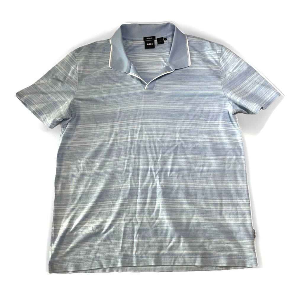 MENS HUGO BOSS MERCERISED SHORT SLEEVE LIGHT BLUE STRIPED POLO SHIRT SIZE XL
